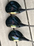 Macgregor Black Tourney M75W Woods 1,2,4, Refinished Persimmon. Fixed Price $90.00.